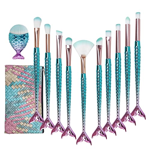 Mermaid Makeup Brush Set with Cosmetic Bag – 11 Piece