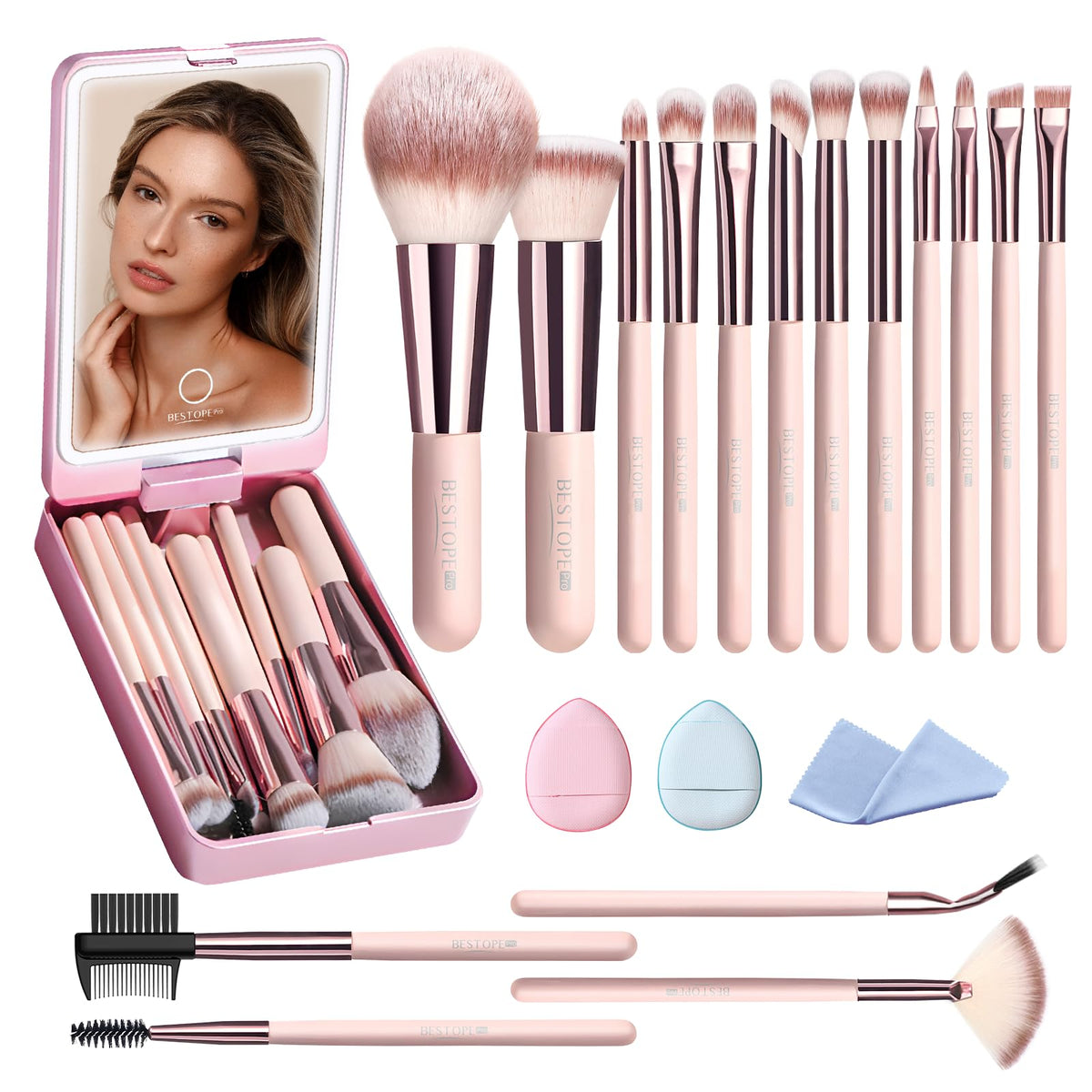 LED Mirror Makeup Brush Travel Set with Storage Case